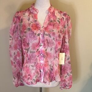 Peach Romantic Floral Pink Sheer Button Down Blouse NWT